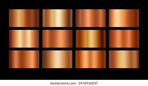 Copper foil texture background set. Vector golden shine metallic gradient template antique color for border, frame, ribbon design