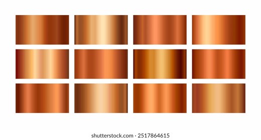 Copper foil texture background set. Vector golden shine metallic gradient template antique color for border, frame, ribbon design