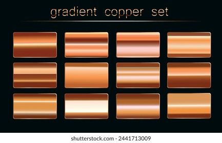 Copper foil texture background. Vector golden shine metallic gradient template. Copper antique color set for border, frame, ribbon design.
