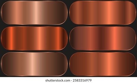 Copper foil texture background. Vector golden glitter metallic gradient template. Set of copper cores for border, frame and ribbon design