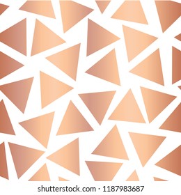 Copper foil triangle seamless vector pattern background. Metallic rose gold triangle shapes on white. Elegant, luxurious design for wallpaper, scrap booking, banner, wedding, party invite, birthday