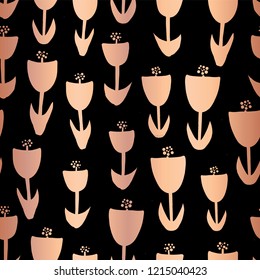 Copper foil tulip flower vector seamless pattern background. Elegant rose golden florals on black backdrop. Elegant design for gift wrap, birthday party card, wedding, celebration, invitations, paper