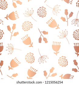 Copper foil tulip flower vector seamless pattern background. Elegant rose gold florals on white backdrop. Elegant design for gift wrap, party, birthday card, wedding, celebration, invitations