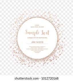Copper glitter circle frame isolated on transparent background with bronze sparkle heart confetti. 