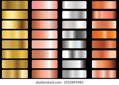 copper, gold rose, silver and golden foil texture gradation background set. Elegant, shiny and metal gradation textures collection for border, frame, ribbon, label design. 
