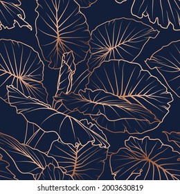 Copper gold shiny outline navy dark blue tropical background.