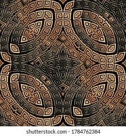 Copper greek seamless pattern. Vector ornamental textured 3d background. Ornate repeat metal backdrop. Greek key meander ancient ornament. Surface texture. Luxury design for wallpapers, fabric, prints