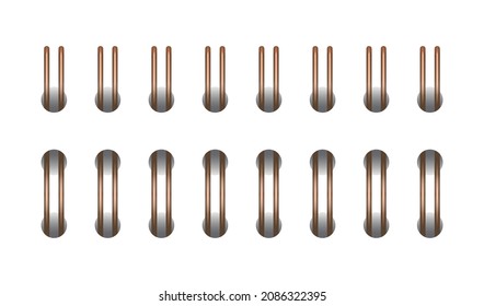Copper horizontal wire spiral for open notebook and calendar. Metal spiral bindings for sheets of paper. Set vector illustration isolated on realistic style on white background.
