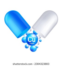 Estructura del icono del cobre elemento químico forma redonda círculo azul claro. Elemento químico del cuadro periódico.