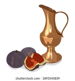 Copper jug with dates vector stock illustration. Oriental brass Arabic pot. Indian ceramics. Breakfast. Isolated on a white background.