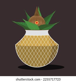 Copper kalash with coconut and mango leaves with white thread decoration. Vector illustration.