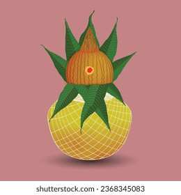 Copper kalash with coconut and mango leaves with white thread decoration. Vector illustration.