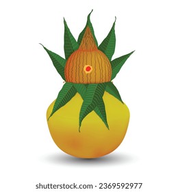 Copper kalash with coconut and mango leaves. Vector illustration.