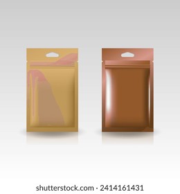 Copper and kraft paper flat aluminum zip pouch with triangle hanging hole mockup for food, supplement or other product. Isolated on gray background. For package design. Realistic vector illustration.