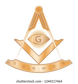 Copper masonic square and compass symbol, with G letter in an eye on sun rays. Mystic occult esoteric, sacred society. Vector illustration