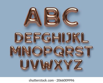 Copper metal alphabet vector set. 3d realistic glossy metallic typeface. Decorative luxury letters for banner, cover, birthday or anniversary, holiday party.