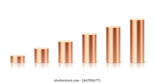 Pódios cilíndricos metálicos de cobre em altura ascendente. Colunas 3D minimalistas para classificação, visualização de dados, infográficos ou exibição de produtos. Ilustração vetorial realista.