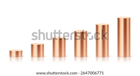 Copper metallic cylindrical podiums in ascending height. Minimalist 3D columns for ranking, data visualization, infographics, or product display. Realistic vector illustration.