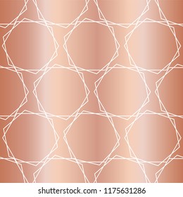 Copper metallic foil hexagons seamless vector pattern background. Geometric white shapes on shiny rose gold foil background. Elegant & fancy design for digital paper, gift wrap, birthday card, wedding