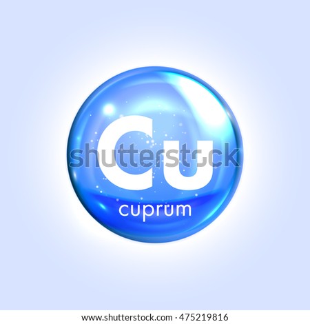 Copper mineral blue icon. Vector 3D glossy drop pill capsule  Cuprum mineral and vitamin complex. Healthy life medical and dietary supplement
