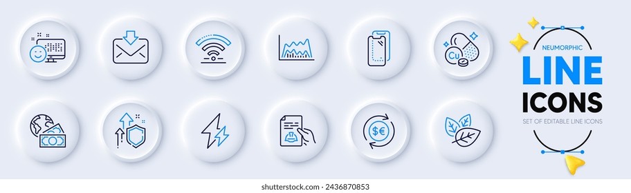 Copper mineral, Electricity and Organic tested line icons for web app. Pack of Global business, Money currency, Technical documentation pictogram icons. Smartphone glass, Smile. Vector