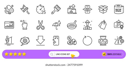 Copper mineral, Paint roller and Winner line icons for web app. Pack of Touchscreen gesture, Brush, Open box pictogram icons. Hourglass, Augmented reality, Toilet paper signs. Timer. Vector