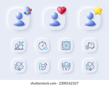 Copper mineral, Qr code and Computer fan line icons. Placeholder with 3d bell, star, heart. Pack of Employee hand, Chlorine mineral, Timer icon. Chemistry lab, Question mark pictogram. Vector