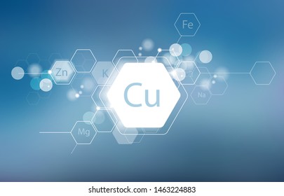 Copper. Minerals for human health. Structural schematic diagram on a blurred background. Conditional image of Copper.