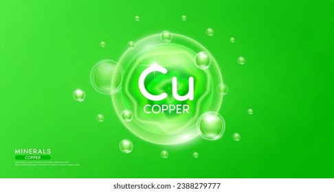 Copper minerals inside green bubble floating in the air. Vitamins complex essential supplement to the health care. For food  nutrition and medicine. Science medical concept. Banner 3D vector.