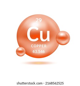 Copper molecule models orange and chemical formulas scientific element. Natural gas. Ecology and biochemistry concept. Isolated spheres on white background. 3D Vector Illustration.