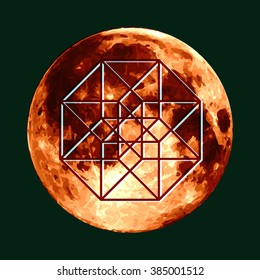 Copper moon Hyper cube. Sacred geometry. Abstract vector illustration.