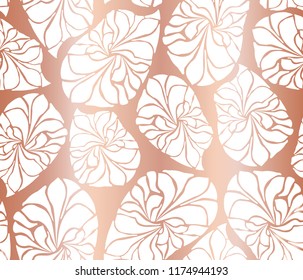 Copper mosaic leaves seamless vector background. White abstract leaf shapes on rose gold foil background. Elegant, luxurious pattern for wallpaper, paper, banners, packaging, wedding, party, invite