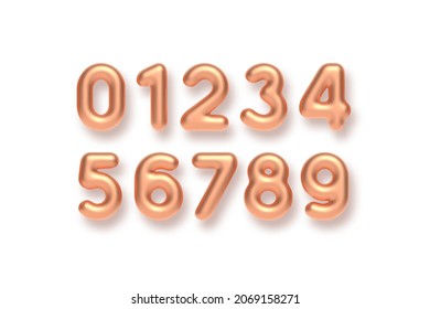 Copper numbers vector set. 3d realistic metal characters. Decorative elements for banner, cover, birthday or anniversary party.