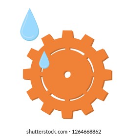 Copper orange gear with water drops, Simple illustration isolated on white background