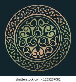 Copper patina round symbol with celtic elements. Vector illustration isolated on the dark background.