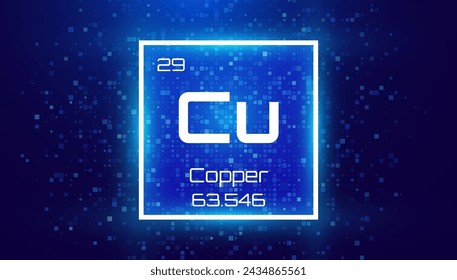 Copper. Periodic Table Element with Symbol Cu. Chemical Element Card with Number and Atomic Weight. Design for Education, Lab, Science Class. Vector Illustration.