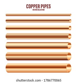 Copper pipes collection. Construction material. Polished metal texture. Glossy gradient. Vector illustration