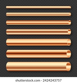 Copper pipes collection. Construction material, pipeline. Industry and engineering. Polished metal texture with silver gradient. Vector illustration