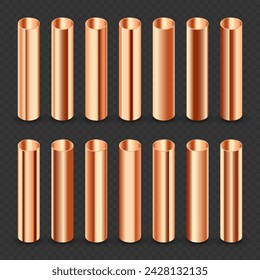 Copper pipes collection. Construction material, pipeline. Industry and engineering. Polished metal texture with silver gradient. Vector illustration