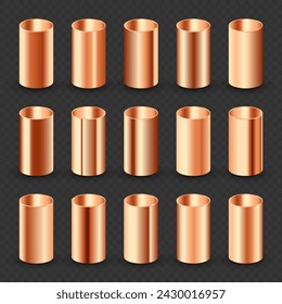 Copper pipes collection. Construction material, pipeline. Industry and engineering. Polished metal texture with silver gradient. Vector illustration