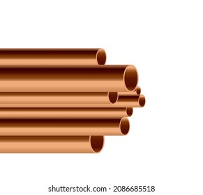 Planilla de pila de tuberías de cobre o tubos de cilindros, ilustración vectorial realista aislada en fondo blanco. Tubos de metal industrial para la fabricación de tuberías.