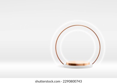 3 d de cobre sobre fondo blanco. Escenario de visualización de productos con anillo de metal fino de lujo y luces redondas de neón