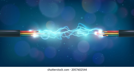 Copper power cable connection with glowing electrical spark. Colored energy circuit wires discharge. Communication technology vector concept. Broken dangerous electric disconnects, burst