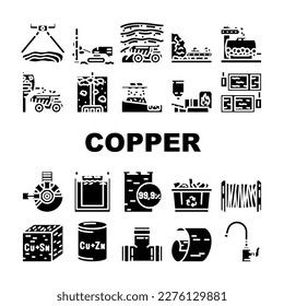 copper production industry metal icons set vector. equipment technology, factory manufacture, industrial process, construction iron copper production industry metal glyph pictogram Illustrations