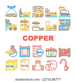 copper production industry metal icons set vector. equipment technology, factory manufacture, industrial process, construction iron copper production industry metal color line illustrations