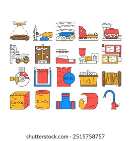 copper production industry metal icons set vector. equipment technology, factory manufacture, industrial process, construction iron copper production industry metal color Contour Illustrations