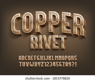 Copper Rivet alphabet font. Steampunk threadbare letters and numbers. Stock vector typescript for your design.