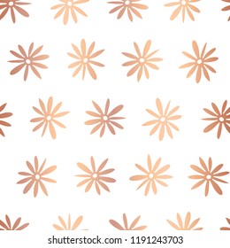 Copper rose foil flower vector seamless pattern background. Metallic shiny florals on white. Elegant design for web banner, digital paper, gift wrap, party, birthday card, Christmas, celebrations