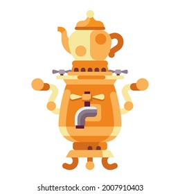 Copper russian samovar with teapot kettle icon in flat design.