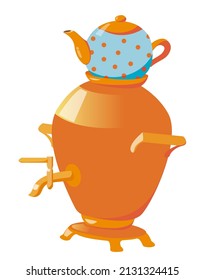 Copper samovar with a porcelain teapot in peas.Two items. Color vector illustration. 